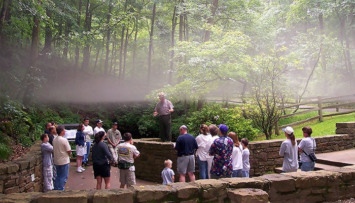 MammothCave-EntranceMist_NPS_700 The cool cave air meeting the warm, moist summer air outside makes a mist at the entrance of Mammoth Cave.