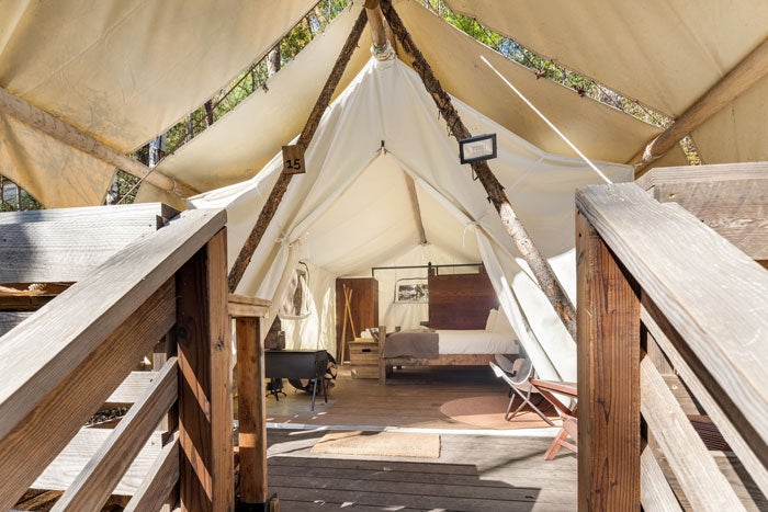 UnderCanvas-SM-tent-interior_BaileyMade_courtesy_700 Interior of glamping tent #15 at Under Canvas Great Smoky Mountains near Gatlinburg