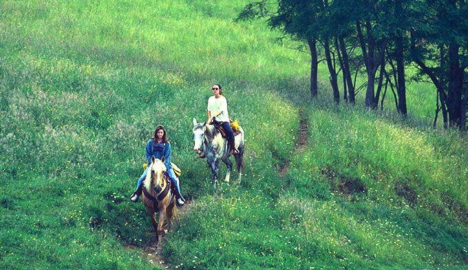 NC-Cataloochee-Ranch-horseback_BillRussCourtesyVisitNCdotcom_680 Guests at Cataloochee Ranch exploring Great Smoky Mountains National Park on horseback.