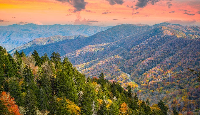 Smoky-autumn-sunset-mountain-range_DP_680 Sunset over the Smoky Mountains in autumn