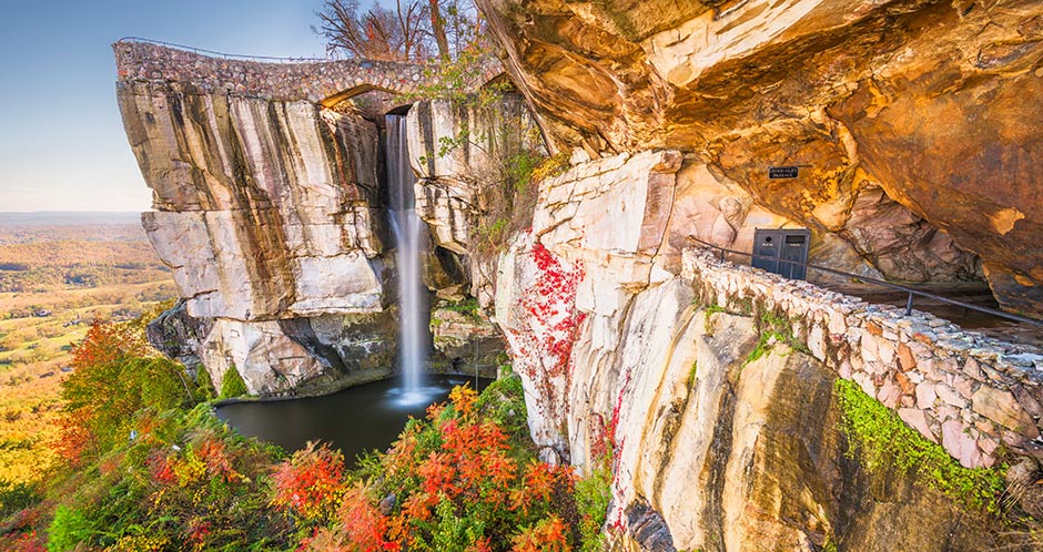 GA-RockCityGardens-LookoutMtn-waterfall_DP_940 High Falls waterfall and Lover's Leap at Rock City Gardens, Lookout Mountain, Georgia, outside of Chattanooga, Tennessee