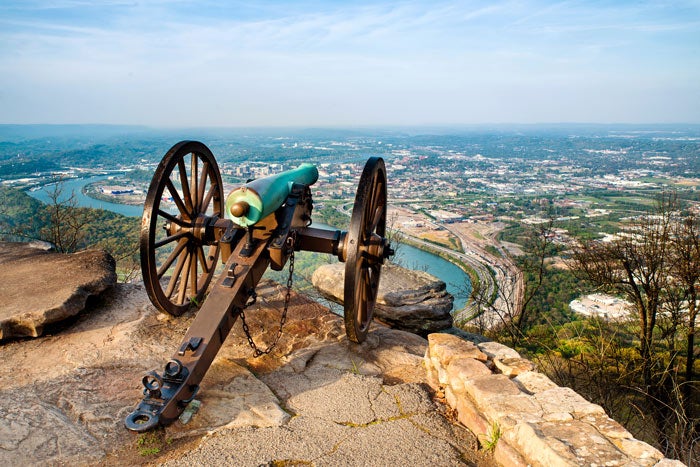 TN-CivilWarCannon-PointPark-LookoutMountain-Chattanooga_DP_700 Civil war era cannon overlooking Chattanooga, Tennessee, from Point Park on Lookout Mountain