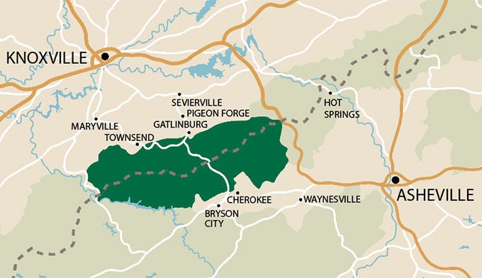 Map showing closest towns to Great Smoky Mountains National Park